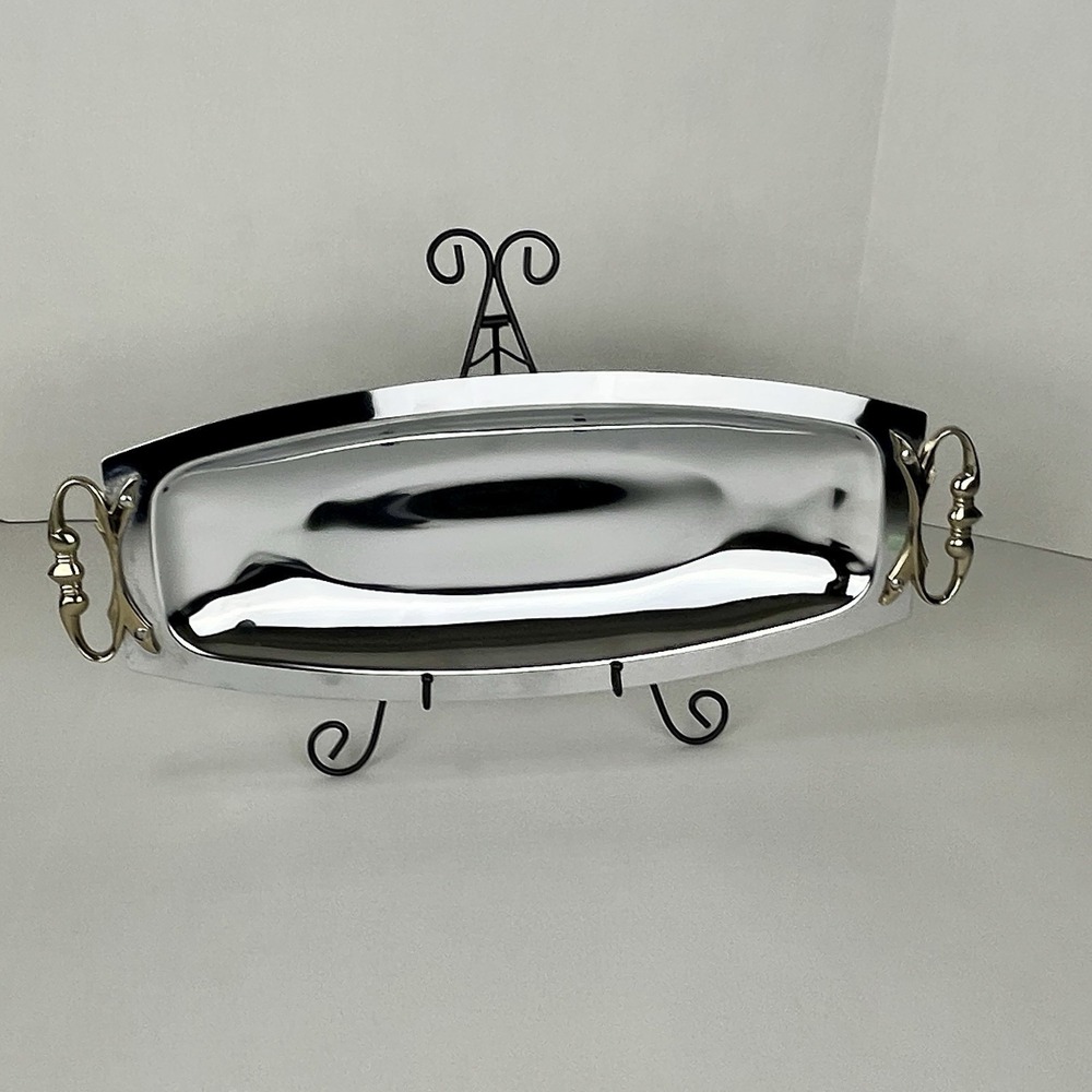 Vintage Kromex Tray MCM Serving Platter Chrome Two-Toned Shiny 17.5" x 6.5" USA